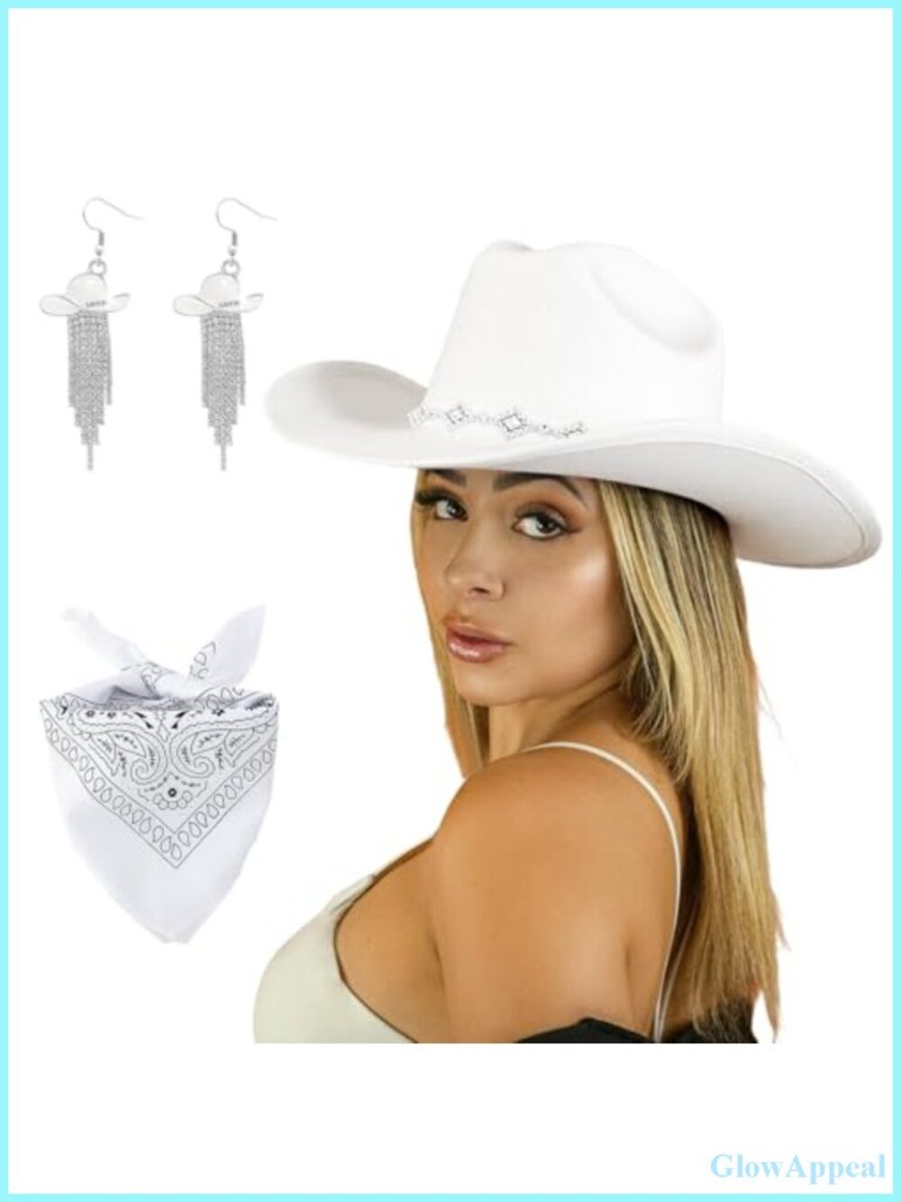Western Cowgirl Hat Wide Brim Rhinestone Felt Fedora with Bandana and Tassel